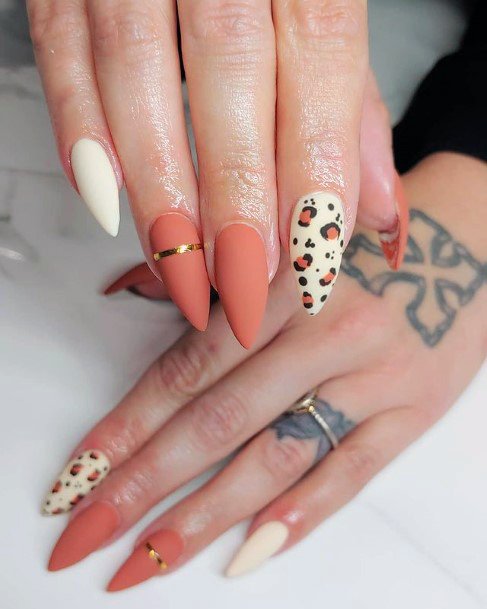 Womens Classy Orange Gold Banded Leopard Nails Art