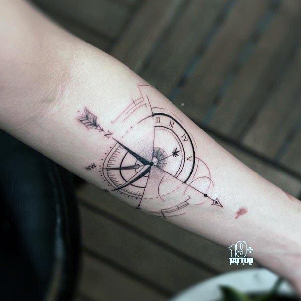 Womens Clock And Compass With Arrow Tattoo Forearms