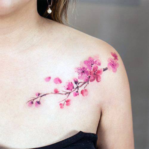 Womens Collar Bone Cherry Blossom Tattoo