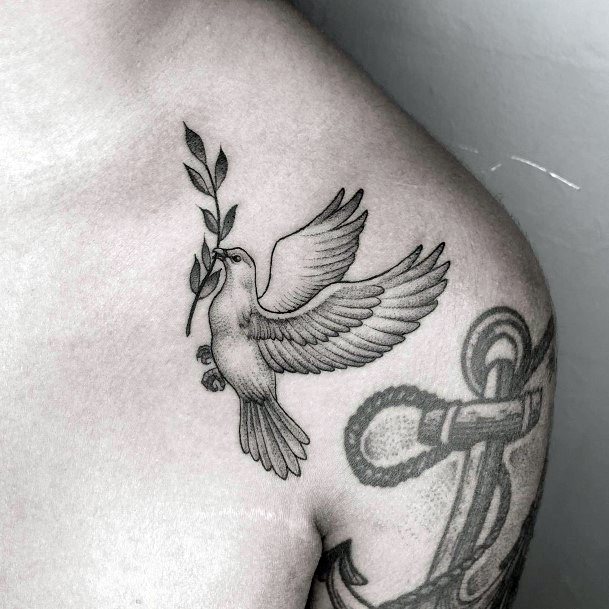 Womens Collar Bone Dove With Leafy Stem Tattoo Art
