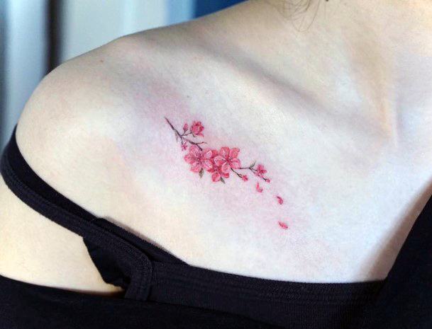 Womens Collar Bone Pink Cherry Blossom Tattoo