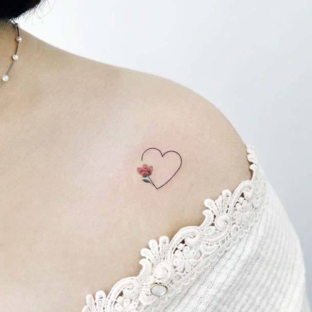 Womens Collar Bone Small Cute Heart Tattoo With Rose