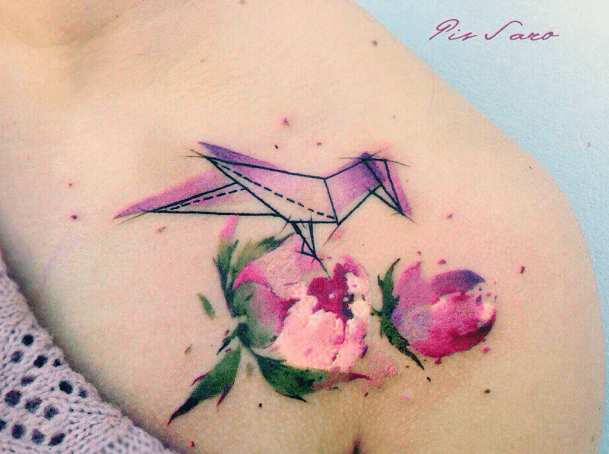 Womens Collarbone Bird Origami Pink Tattoo