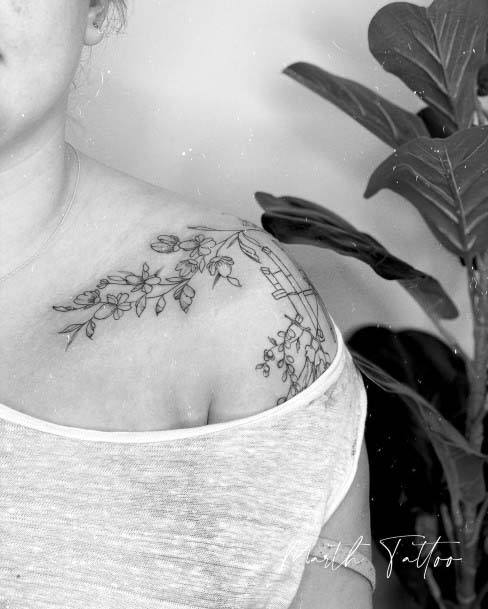 Womens Collarbone Black Artistic Flowers Tattoo