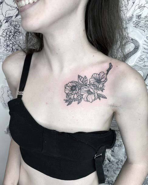 Womens Collarbone Black Floral Tattoo