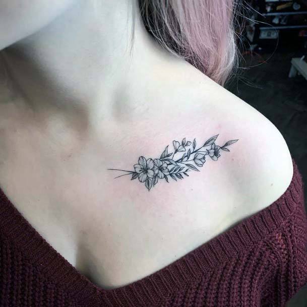 Womens Collarbone Black Flower Bunch Tattoo