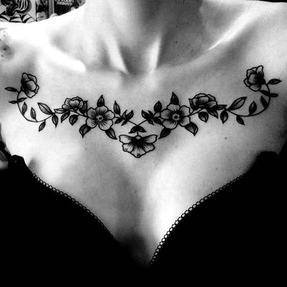 Womens Collarbone Black Flower Garland Tattoo