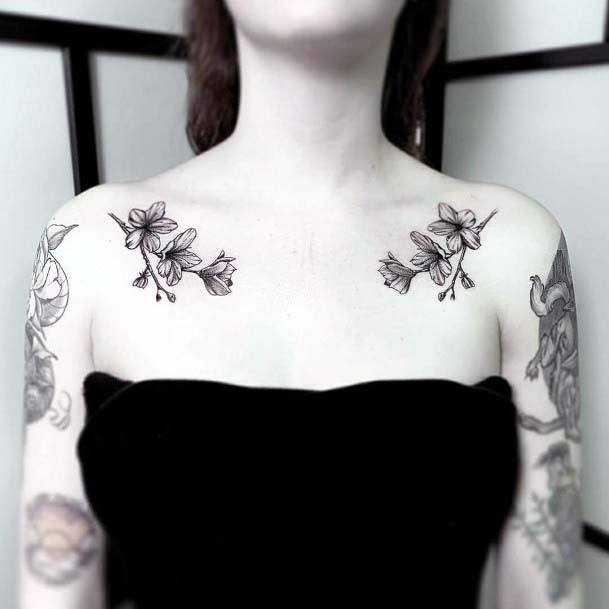 Womens Collarbone Black Flower Tattoo