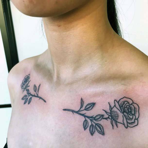 Womens Collarbone Black Rose Tattoo