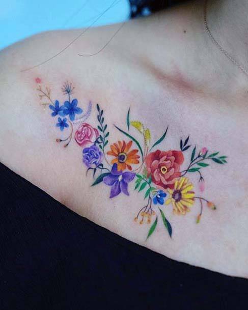 Womens Collarbone Multicolored Floral Tattoo