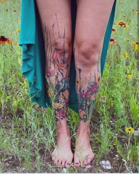 Womens Colored Florals Tattoo Legs