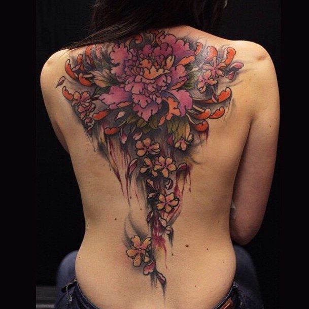 Womens Colorful Flowers Tattoo Back