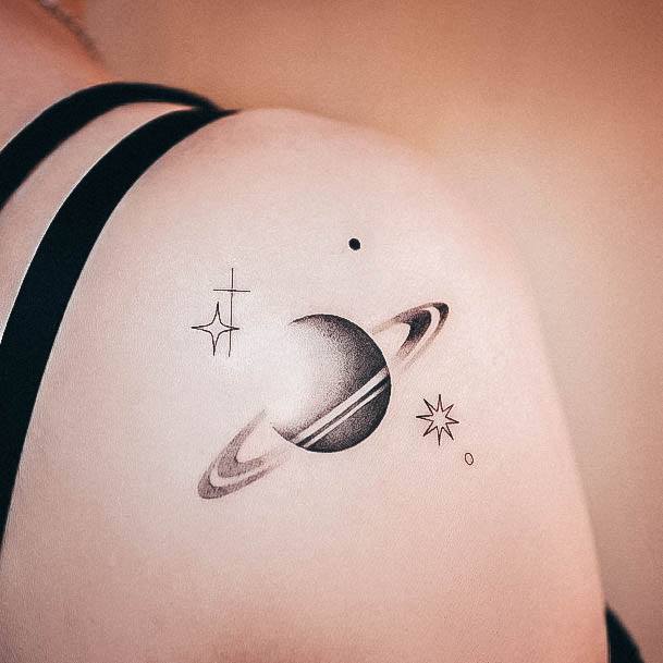 Womens Cool Badass Tattoo Ideas Shoulder Saturn Planet With Stars