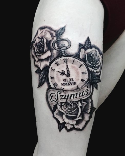 Womens Cool Clock Tattoo Thighs