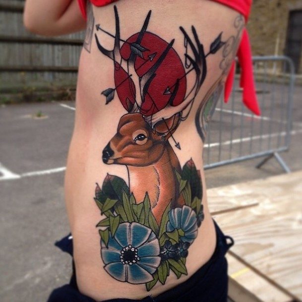 Womens Cool Colored Reindeer Tattoo Back