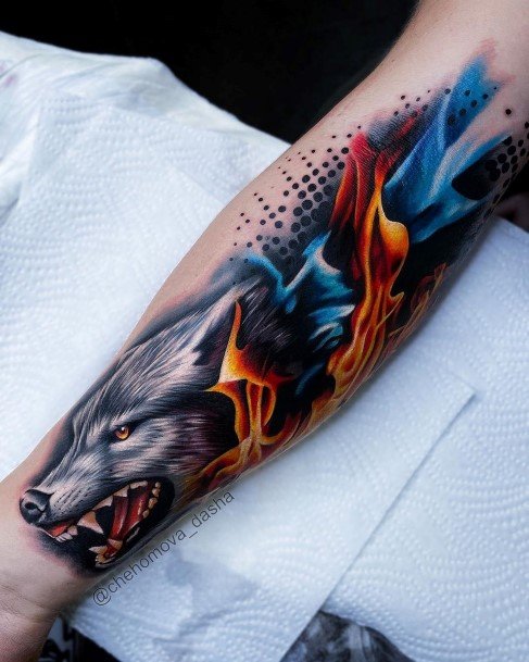 Womens Cool Raging Blue And Orange Fire And Best Tattoo Forearm