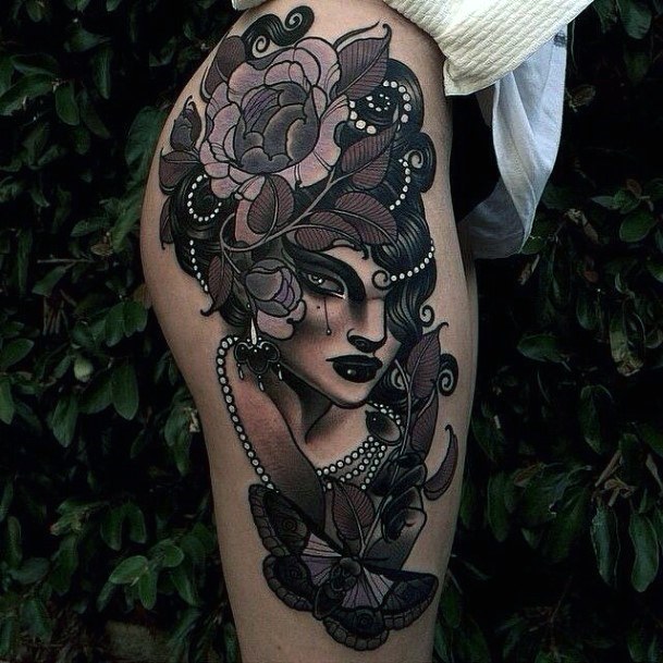 Womens Dark And Deep Thigh Tattoo