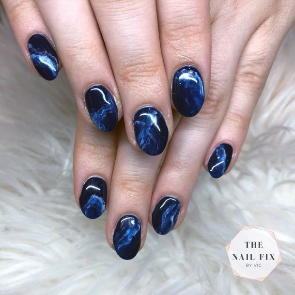 Womens Dark Blue And Black Water Nails Art