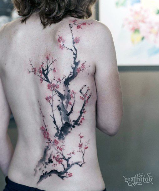 Womens Dark Branched Cherry Blossom Tree Tattoo Back Art