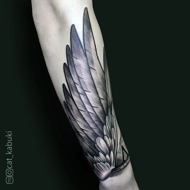 Womens Dark Ink Angel Wings Tattoo On Hands