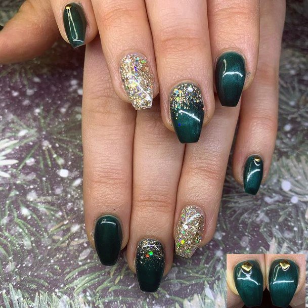 Womens Dark Mint Green Nails With Gold Art