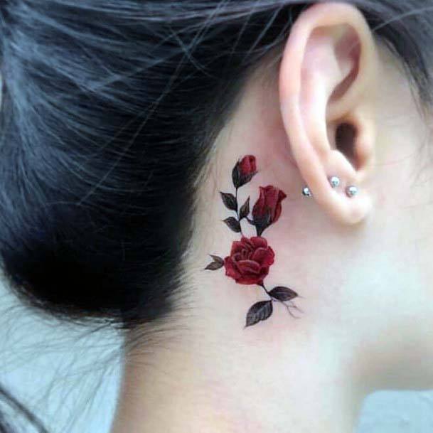 Womens Dark Red Rose Tattoo Behind The Ear