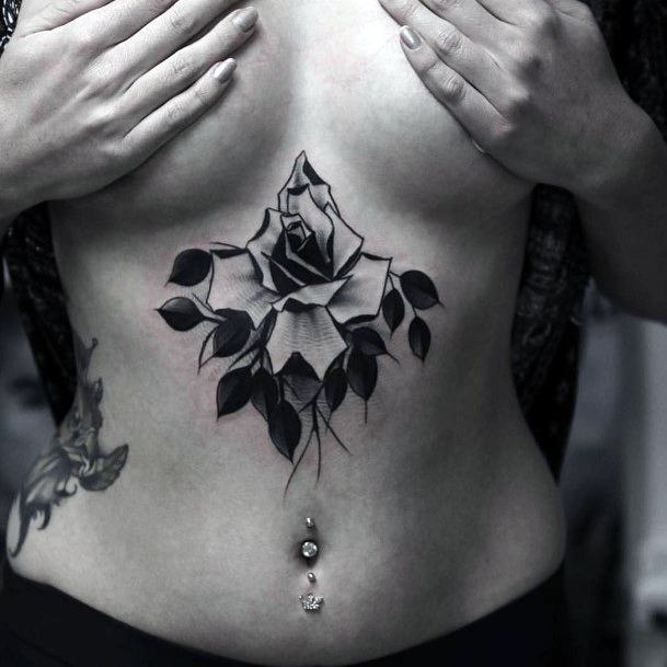 Womens Dark Rose And Leaf Tattoo Underboob