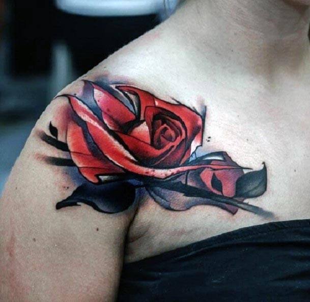 Womens Deep Red Rose Tattoo Shoulder