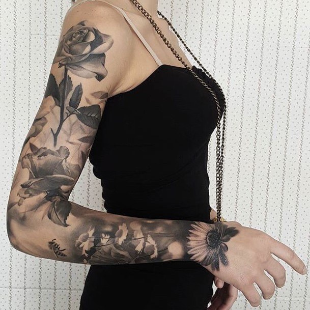 Womens Delicate Dark Roses Tattoo Sleeves