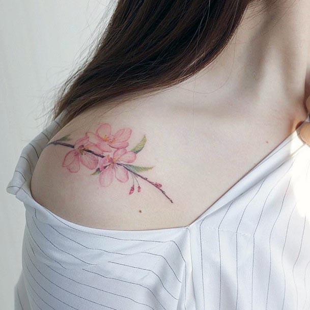 Womens Delicate Pink Florals Shoulder Tattoo