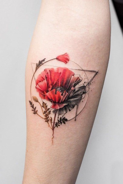 Womens Delicate Red Flower Tattoo Forearms