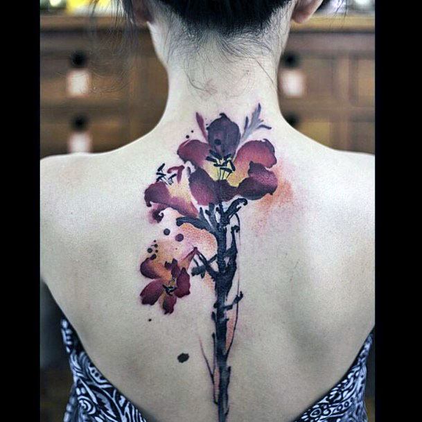 Womens Delicate Red Petal Tattoo Spine