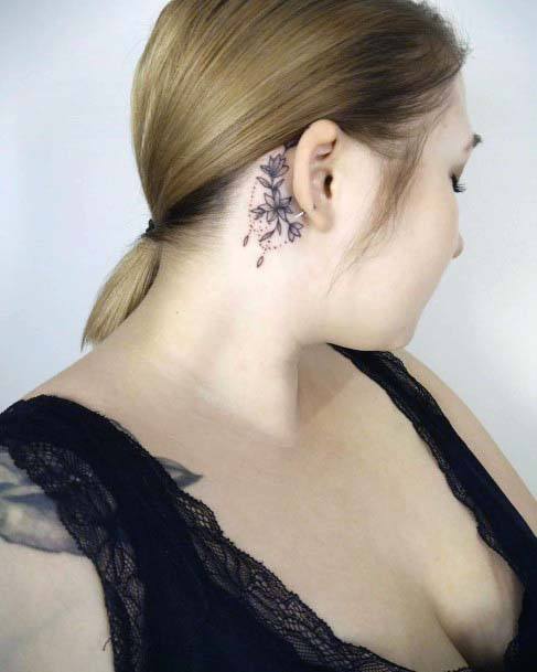 Womens Dotted Black Floral Tattoo Behind The Ear