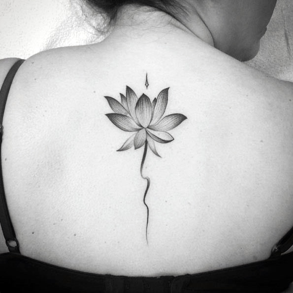 Womens Dotted Black Lotus Tattoo On Back