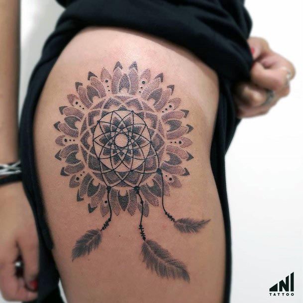 Womens Dotted Mandala Dream Catcher Tattoo Upper Leg