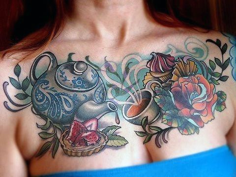 Womens Dripping Teapot And Bread Tattoo On Chest