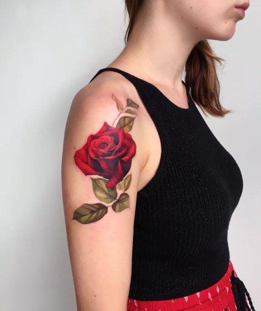 Womens Enticing Red Rose Shoulders Tattoo