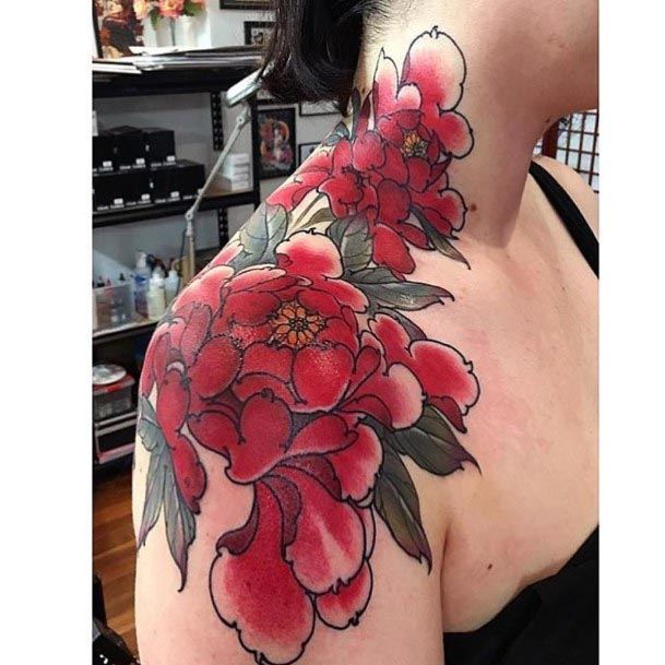 Womens Fabulous Red Flowers Shoulder Tattoo