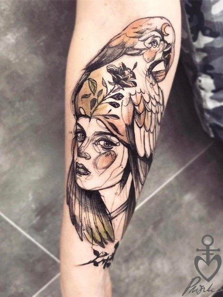 Womens Face And Parrot Tattoo Forearms