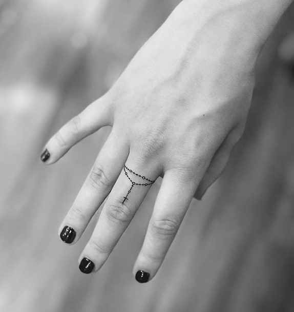 Womens Finger Small Beaded Cross Tattoo