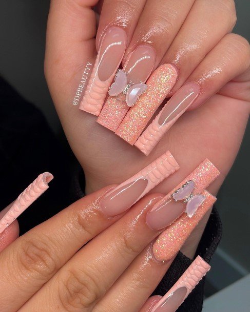 Womens Fingernail Art Peach With Glitter Nail