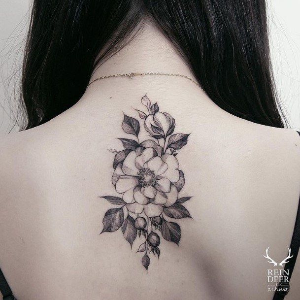 Womens Flower And Berries Tattoo On Back