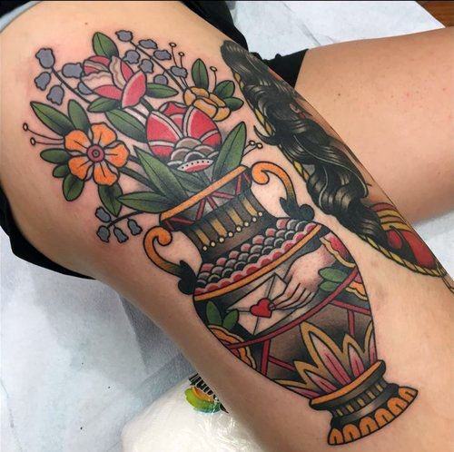 Womens Flower Vase Tattoo American Traditional