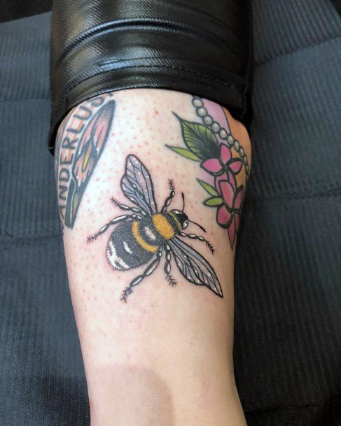 Womens Flying Bee And Flower Tattoo