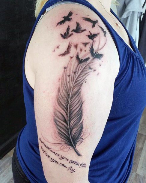 Womens Flying Birds And Feather Tattoo