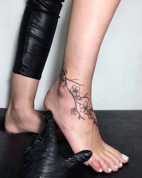 Womens Foot Black Floral Tattoo