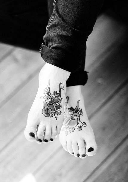 Womens Foot Grey And Black Flower Tattoo