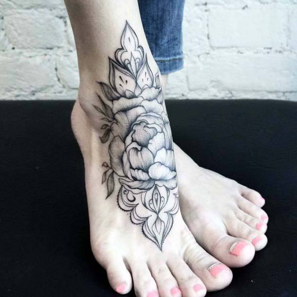 Womens Foot Grey Blossoms Tattoo