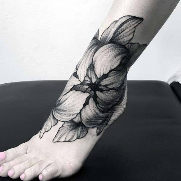 Womens Foot Grey Petals Tattoo