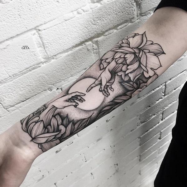 Womens Forearm Full Moon Floral Hand Design Tattoo
